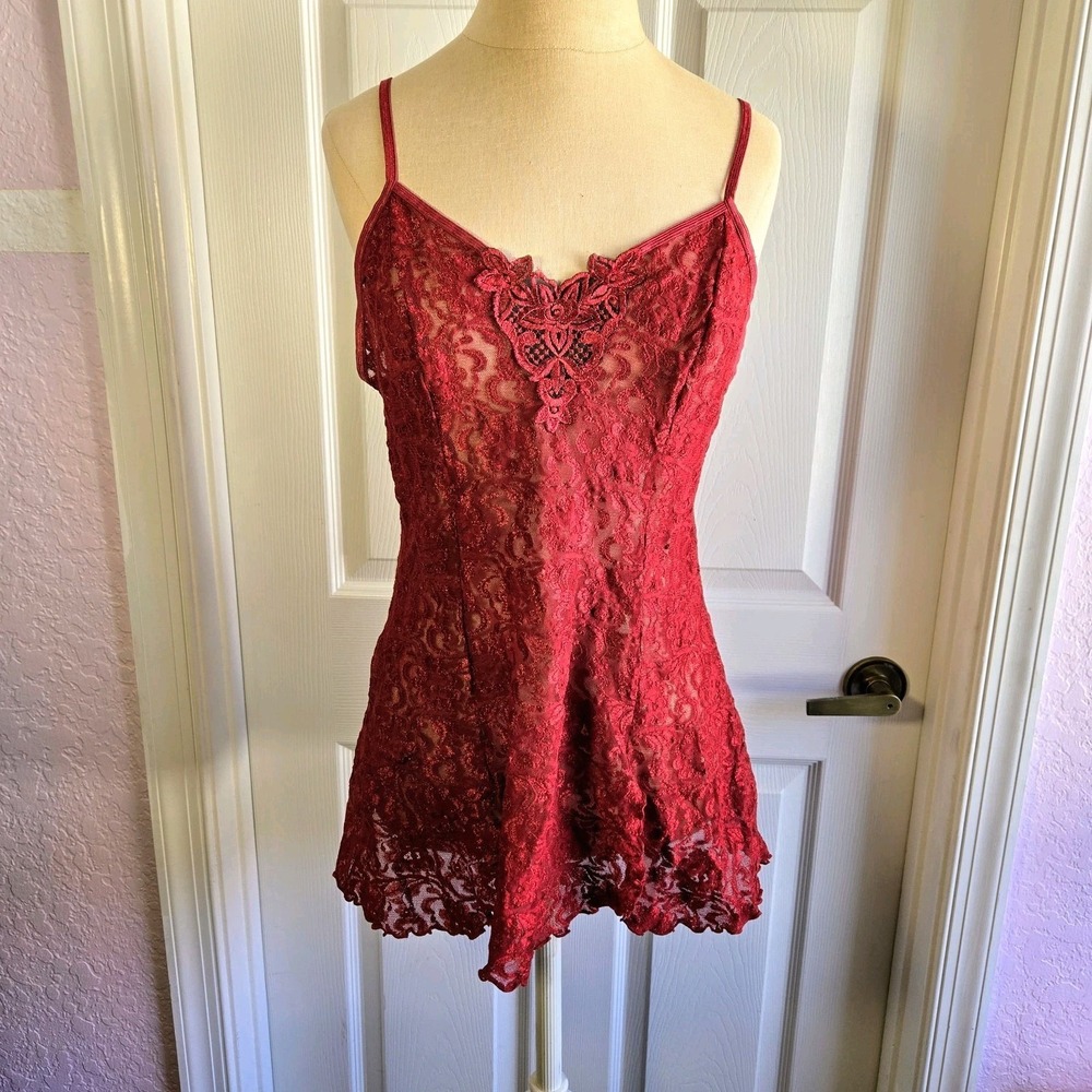Cinema Etoile Red Lace Nightie Size M Slip Dress Vintage Lingerie Nightgown‎